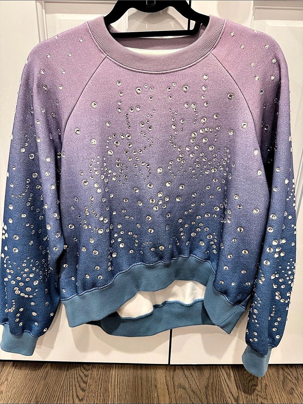 Cynthia Rowley Crystal Embellished Ombre Crewneck Sweatshirt in Purple & Blue, s